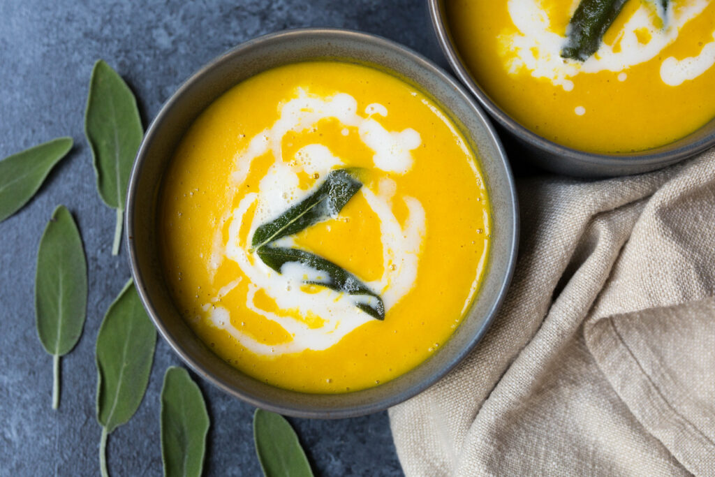 Roasted Butternut Squash Soup with Sage Infused Coconut Cream